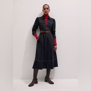 ME+EM Black Denim Midi Shirt Dress with Red Turtleneck Layering
